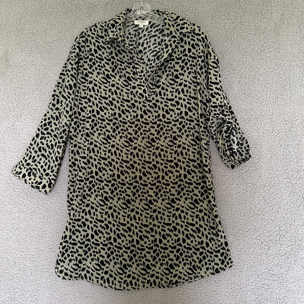 Umgee Womens Tunic Mini Dress Small Olive Green Black Animal Print 3/4 Sleeve
